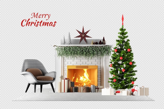 PSD Árbol de navidad y sillón en renderizado 3d