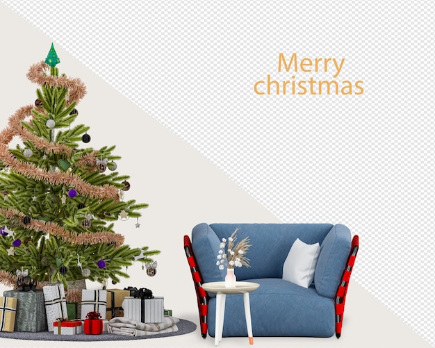 Árbol de navidad y sillones modernos en renderizado 3d