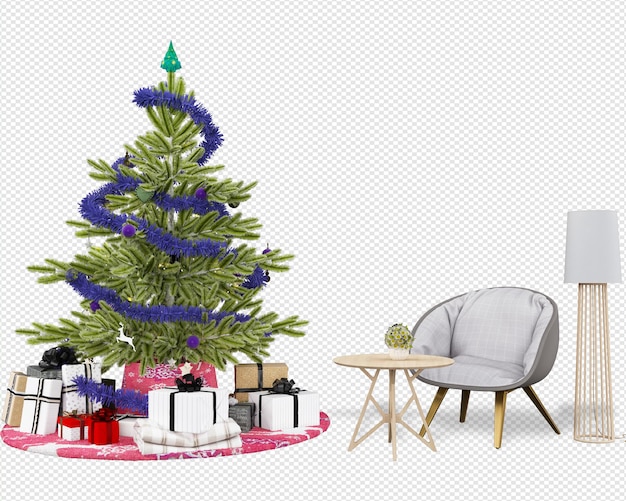 Árbol de navidad y sillones modernos en renderizado 3d