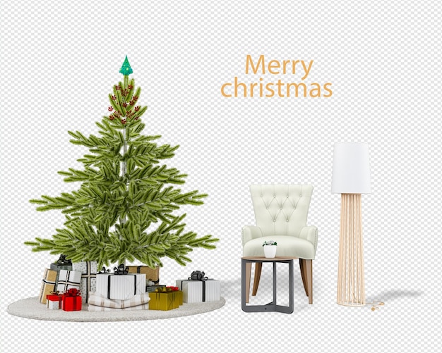Árbol de navidad y sillones modernos en renderizado 3d