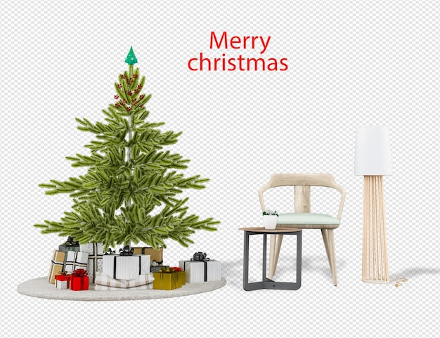 Árbol de navidad y sillones modernos en renderizado 3d