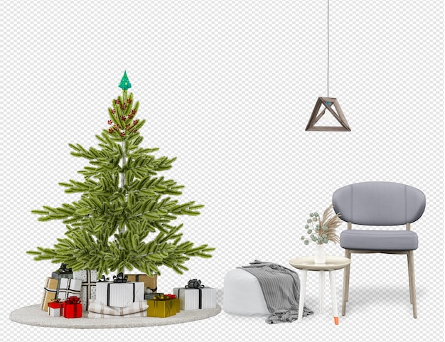 PSD Árbol de navidad y sillones modernos en renderizado 3d