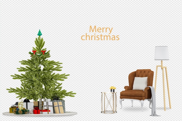 Árbol de navidad y sillones modernos en renderizado 3d