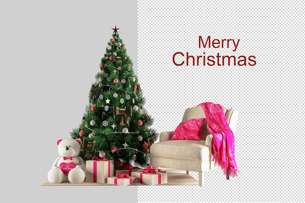 Árbol de Navidad y sofá de juguete de peluche oso en 3D rendering
