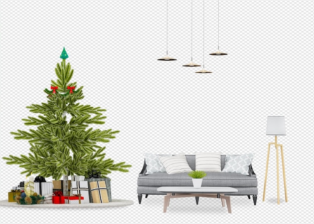 Árbol de Navidad y sofá moderno en renderizado 3d