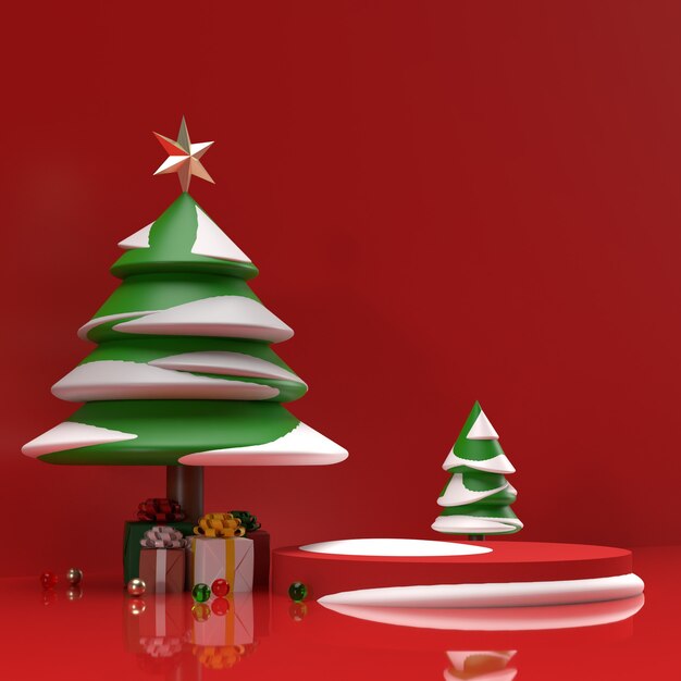 Árbol con nieve y regalos anuncios de productos realistas vista previa de la escena del escenario vista lateral del fondo
