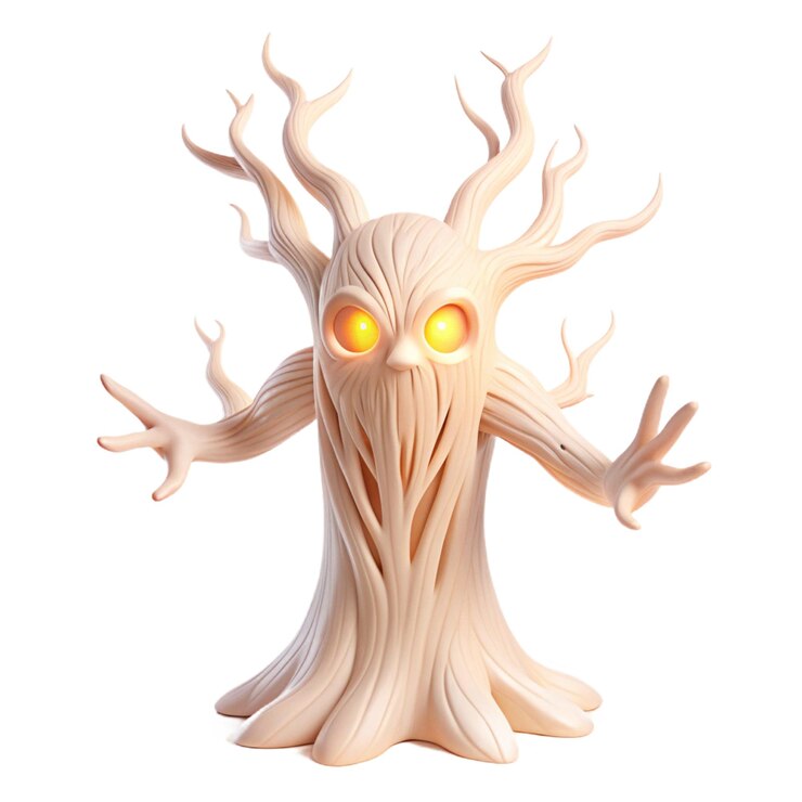 PSD un árbol con ojos amarillos y los ojos de una cabeza que está hecha de madera