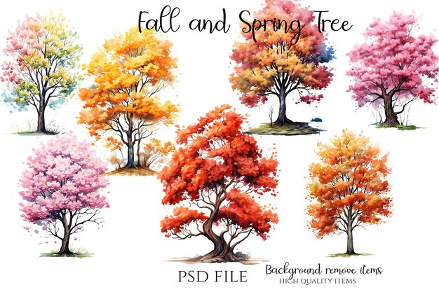 PSD Árbol de otoño y primavera elementos de acuarela