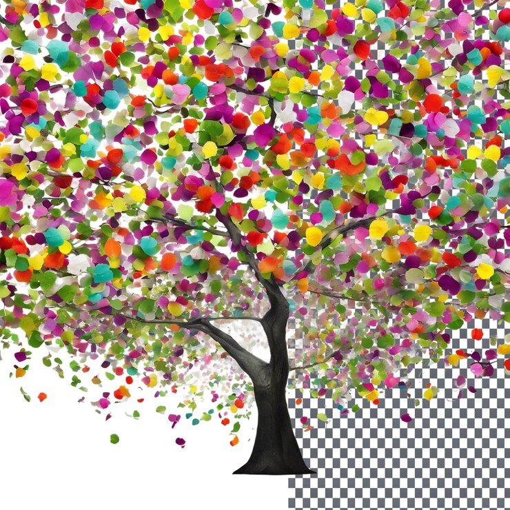 PSD árbol primaveral de colores vibrantes aislado sobre un fondo transparente