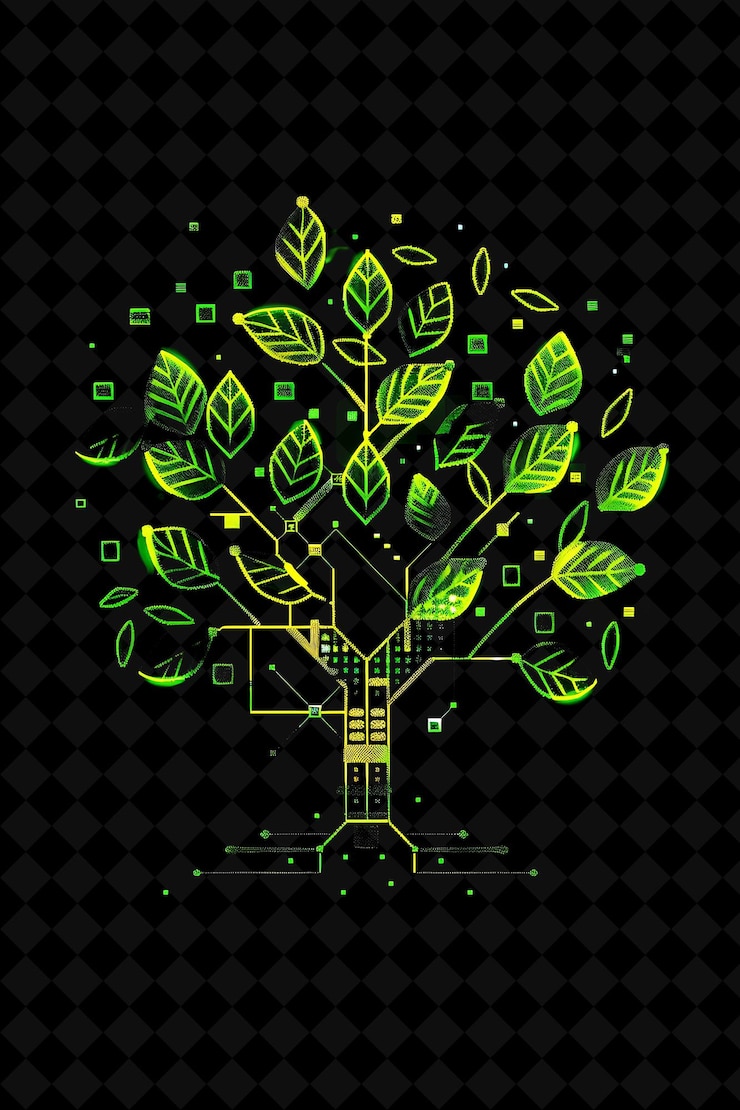 PSD árbol simple de 8 bits de píxeles con hojas y ramas y geometría y2k forma neon colecciones de arte de color