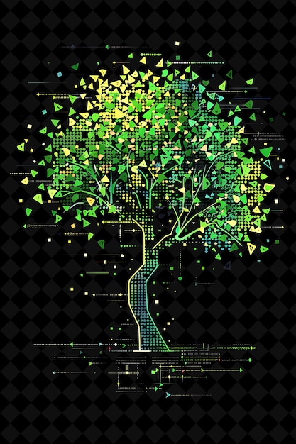 Árbol simple de 8 bits de píxeles con hojas y ramas y geometría Y2K forma Neon colecciones de arte de color