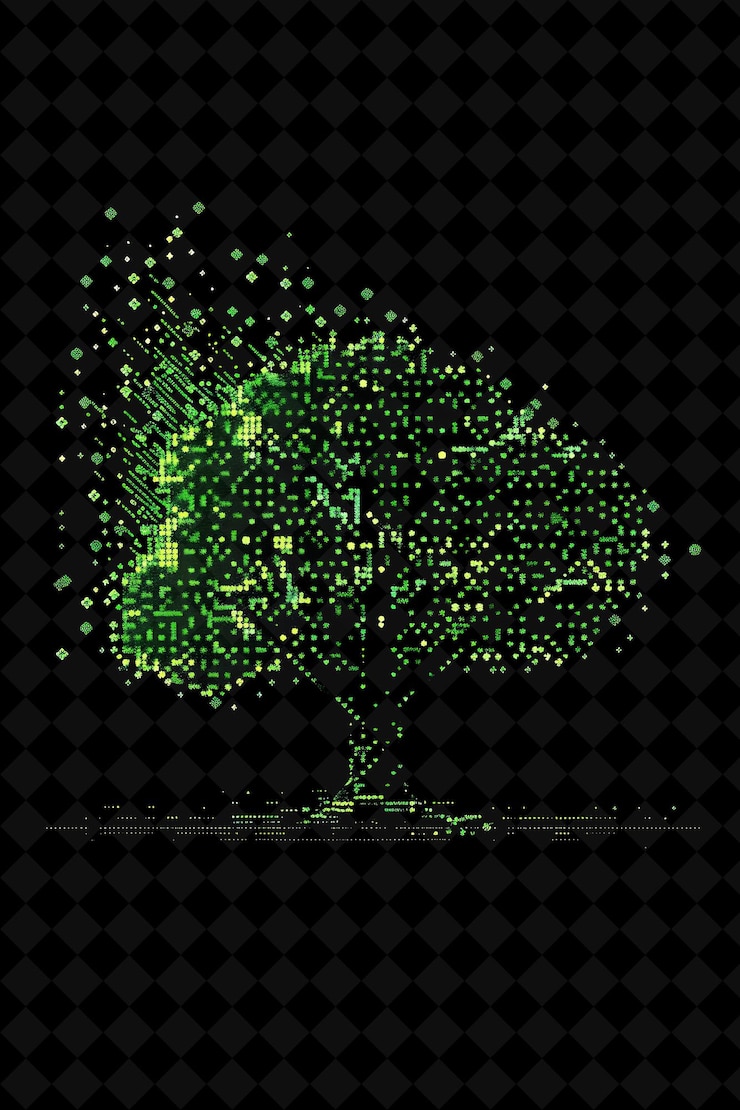 PSD árbol simple de 8 bits de píxeles con hojas y ramas y geometría y2k forma neon colecciones de arte de color