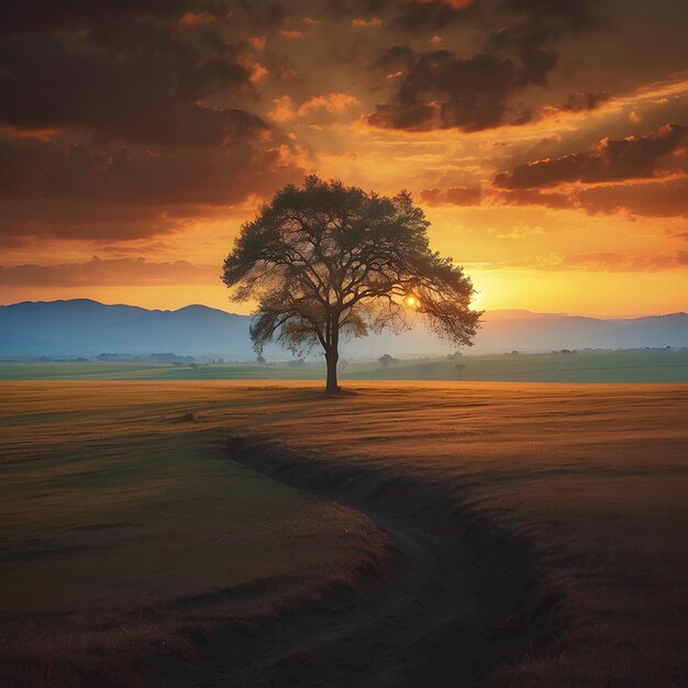 PSD un árbol solitario en la puesta de sol