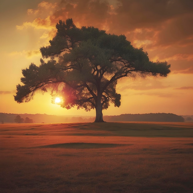 PSD un árbol solitario en la puesta de sol