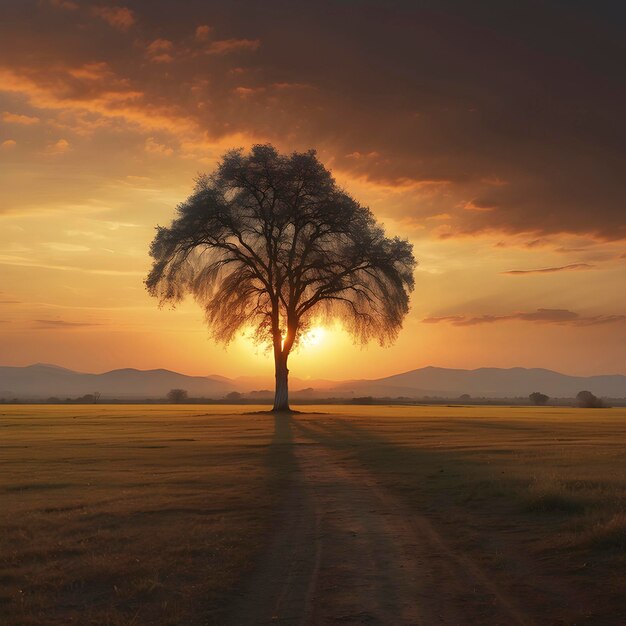 PSD un árbol solitario en la puesta de sol