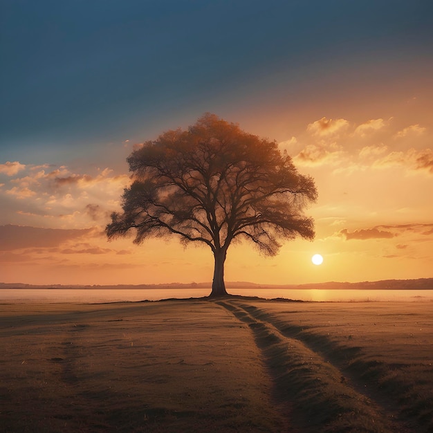 PSD un árbol solitario en la puesta de sol