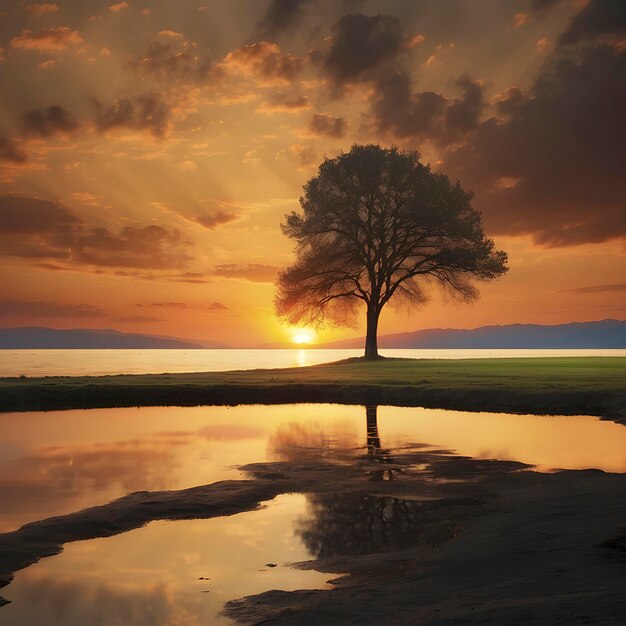 PSD un árbol solitario en la puesta de sol