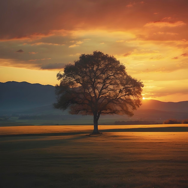 PSD un árbol solitario en la puesta de sol