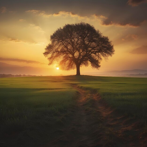 Un árbol solitario en la puesta de sol