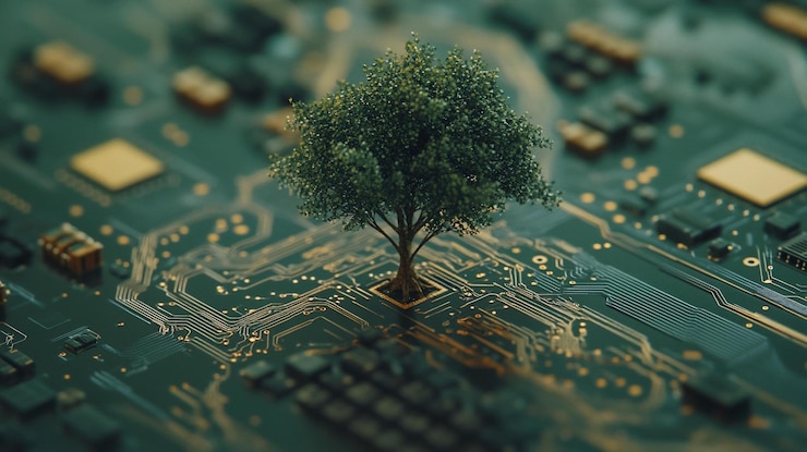 PSD un árbol verde exuberante crece de una placa de circuitos que simboliza la tecnología sostenible
