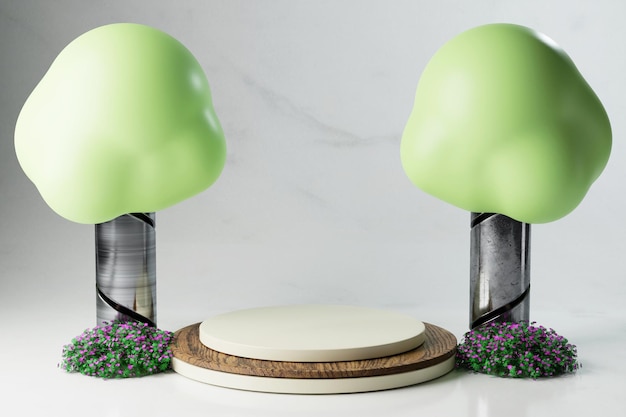 PSD Árboles de baja poli mínima con diseño de podio de madera abstracto renderizado en 3d