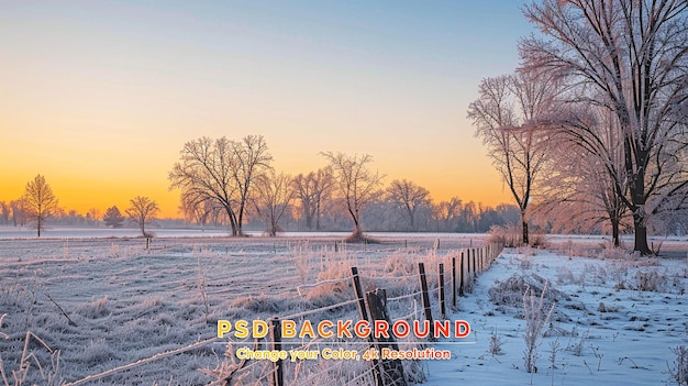 PSD Árboles en un campo de invierno amanecer helado