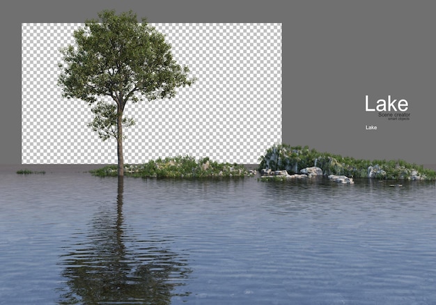 Árboles en la colina cubierta de hierba en medio del lago