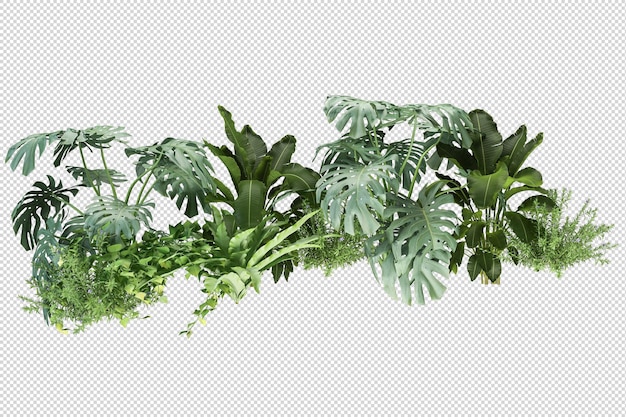 PSD Árboles y flores tropicales en representación 3d aislada