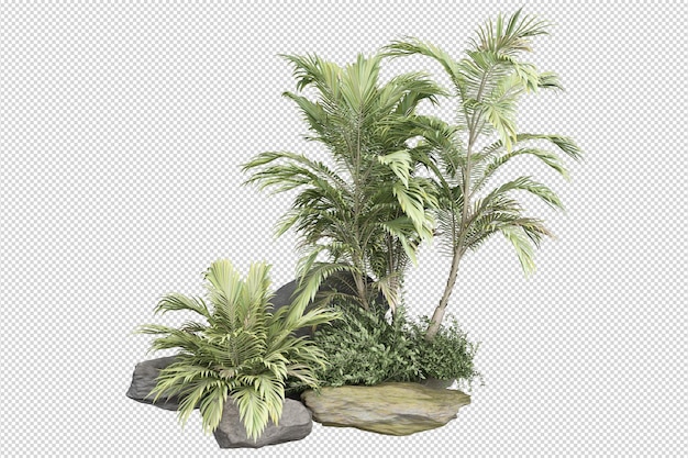 PSD Árboles y flores tropicales en representación 3d aislada