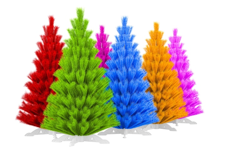 PSD árboles de navidad artificiales sin decoración abeto de pvc de colores árboles de navidad artificiales con soportes renderización 3d aislados sobre un fondo transparente