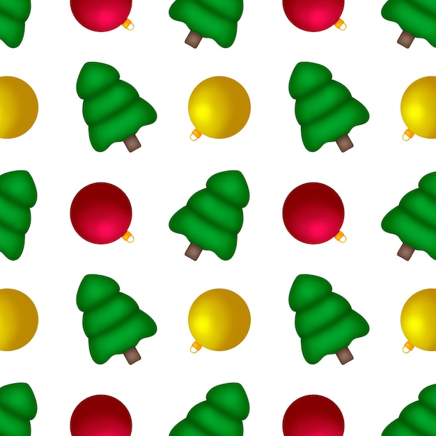 Árboles de Navidad y bolas sobre un patrón repetitivo de fondo blanco.