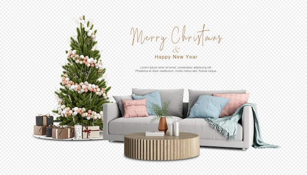 Árboles de Navidad y sofá en representación 3d