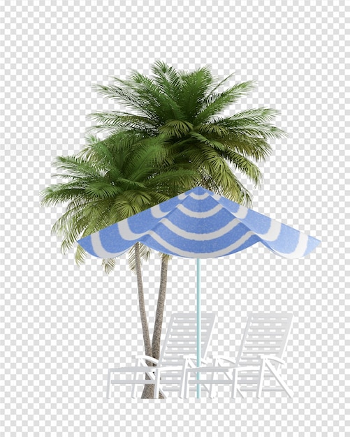 PSD Árboles tropicales con paraguas en render 3d