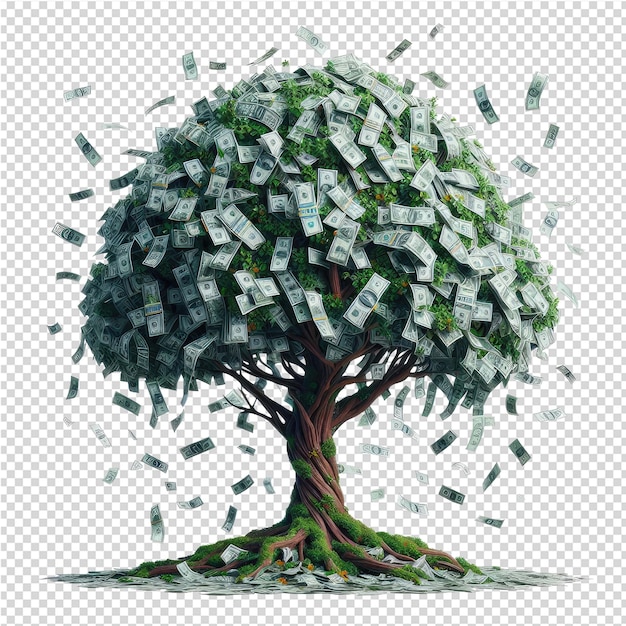 PSD un arbre avec de l'argent qui en sort et un arbre où l'argent tombe