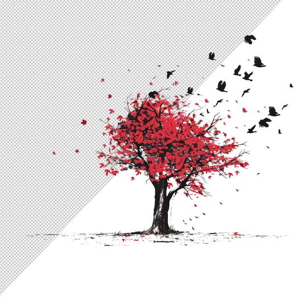 Un arbre aux feuillages rouges et aux nids d'oiseaux