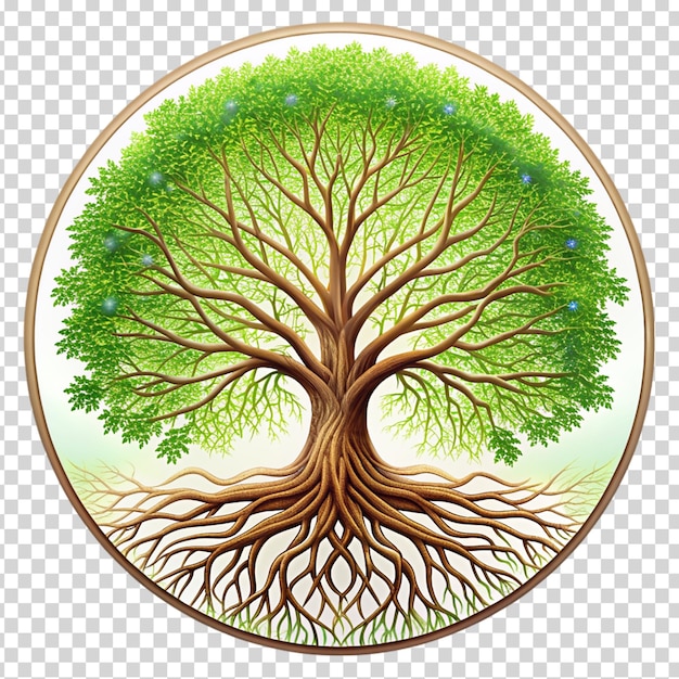 PSD un arbre aux feuilles vertes et aux branches brunes avec un grand tronc et des racines sur un fond transparent