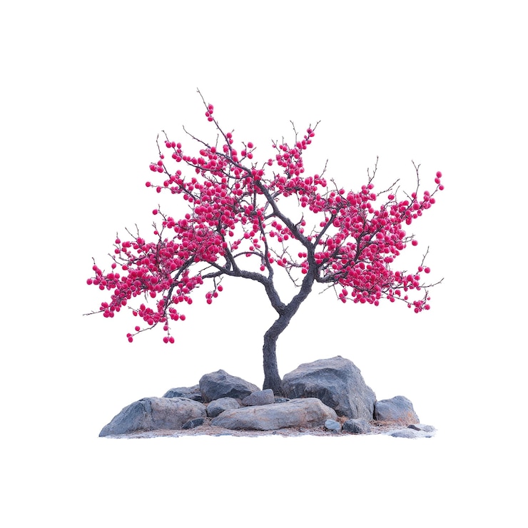 PSD un arbre à fleurs roses sur un affleurement rocheux