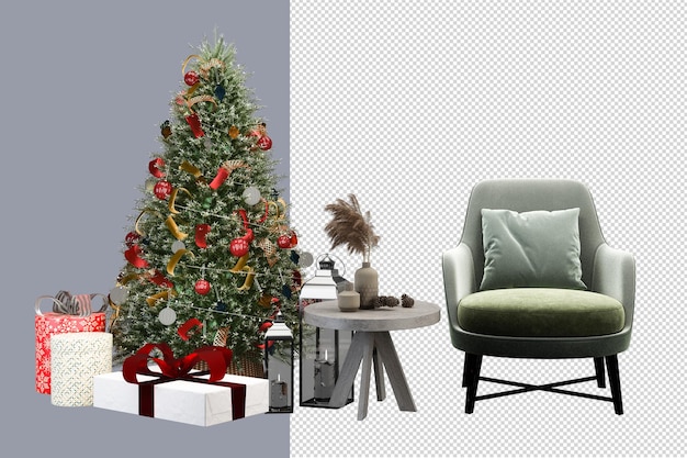 Arbre de Noël et canapé en peluche ours en rendu 3d