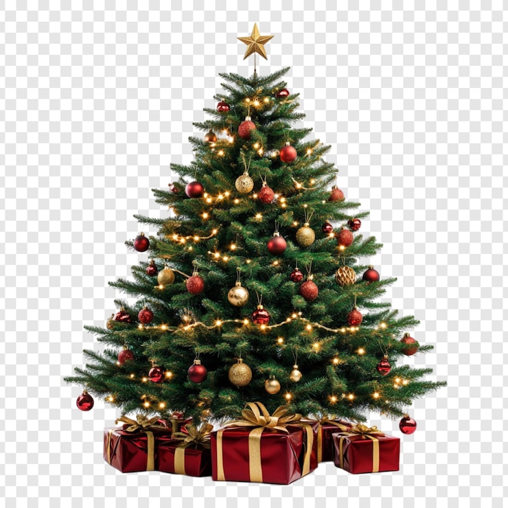 PSD arbre de noël décoré avec des cadeaux sous l'étoile dorée saison festive vacances d'hiver