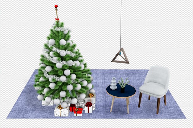 PSD arbre de noël et fauteuil moderne en rendu 3d