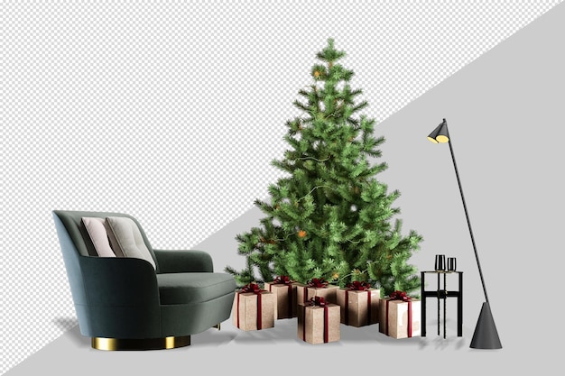 Arbre de Noël et fauteuil en rendu 3d