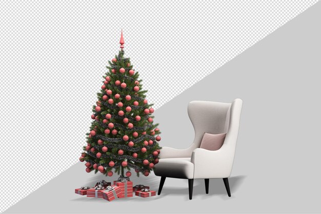 Arbre de Noël et fauteuil en rendu 3d