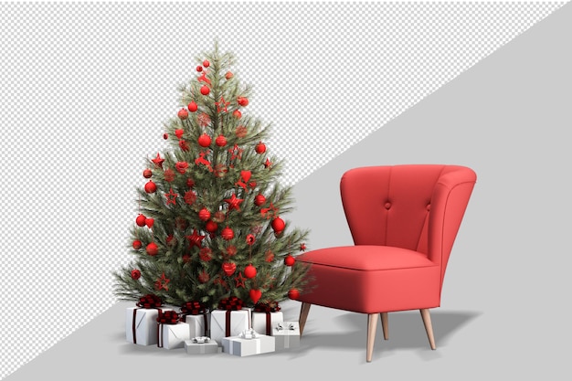 Arbre de Noël et fauteuil en rendu 3d