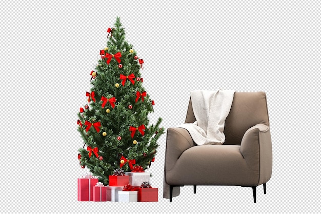 PSD arbre de noël et fauteuil en rendu 3d