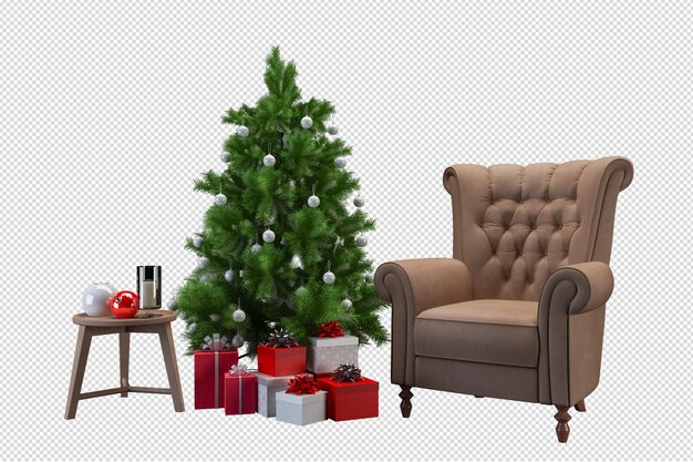 PSD arbre de noël et fauteuil en rendu 3d