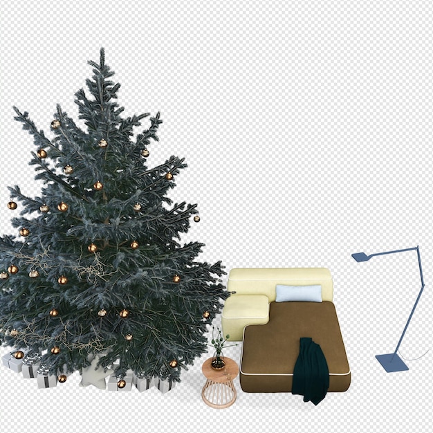 PSD arbre de noël et fauteuils modernes en rendu 3d