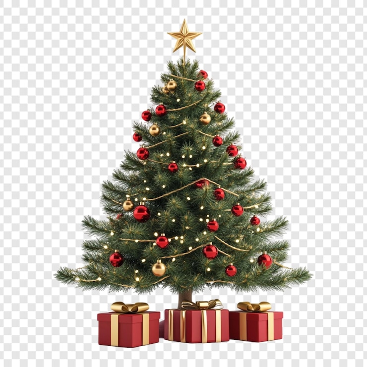 PSD arbre de noël festif avec des ornements et des cadeaux rouges et dorés