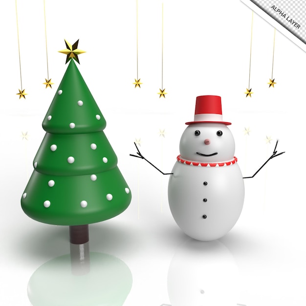 Arbre de Noël de rendu 3D avec bonhomme de neige