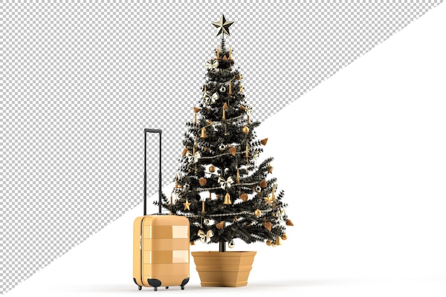 Arbre de Noël et valise de voyage. Concept de voyage de voyage de Noël