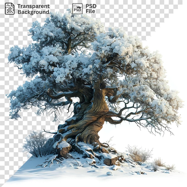 Un Arbre Recouvert De Neige Se Dresse Haut Contre Un Ciel Blanc Jetant Une Ombre Sombre.